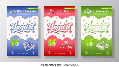 Fruits, Berries Yogurt Label Templates Set. Abstract Vector Dairy Packaging Design Layouts Collection. Modern Banner with Hand Drawn Black Currant, Red Ribes, Gooseberry Sketches Background. Isolated.