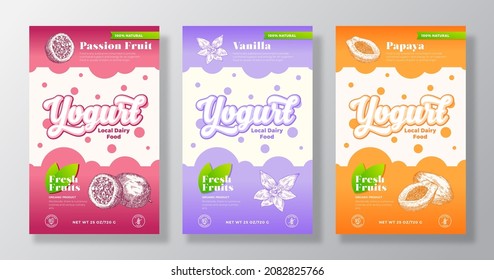 Fruits And Berries Yogurt Label Templates Set. Abstract Vector Dairy Packaging Design Layouts Collection. Modern Banner With Hand Drawn Maracuja, Papaya And Vanilla Sketches Background. Isolated.