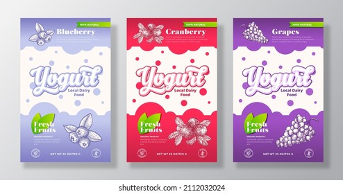 Frutas, Berries Yogurt Label Templates Set. Resumen de la colección de diseños de embalajes lácteos para vectores. Banner moderno con arándano de mano, arándanos, uvas de fondo. Aislado