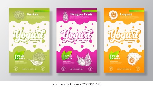 Fruits and Berries Yogurt Label Templates Set. Abstract Vector Dairy Packaging Design Layouts Collection. Modern Banner with Hand Drawn Durian, Pitaya and Loquat Sketches Background. Isolated