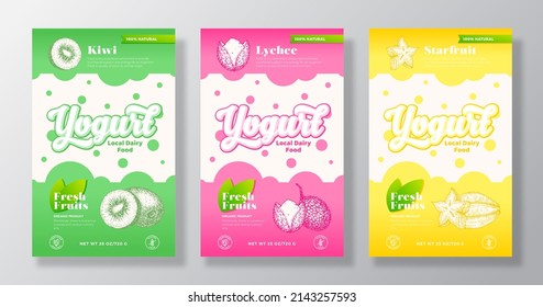 Conjunto de plantillas de etiquetas Yogurt Fruits y Berries. Resumen de la colección de diseños de embalajes lácteos para vectores. Banner moderno con dibujos de Kiwi, Lychee y Starfruit de fondo. Aislado