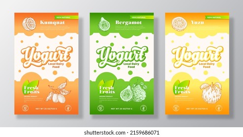 Fruits and Berries Yogurt Label Templates Set. Abstract Vector Dairy Packaging Design Layouts Collection. Modern Banner with Hand Drawn Kumkuat, Bergamot and Yuzu Sketches Background. Isolated