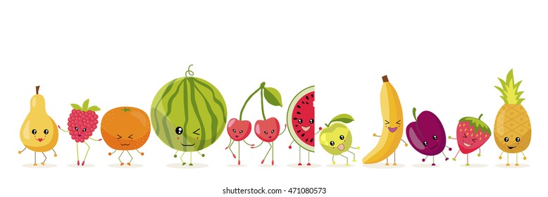 The fruits and berries:pear, raspberry,orange ,watermelon , cherry, slice of watermelon, apple, banana, plum, strawberry, pineapple are in different poses and different expressions on their faces.