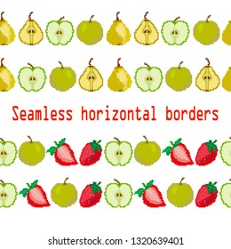Fruits and berries.Seamless border strip of fruits of apple, pear, strawberry. Pixel. Vector. Embroidery