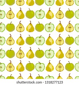 Fruits and berries.Seamless pattern with apple and pear. Pixel. Embroidery. Vector