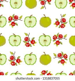 Fruits and berries.Seamless pattern of apples and berries. Pixel. Embroidery. Vector