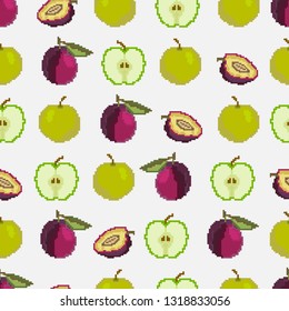 Fruits and berries.Seamless pattern of apples and plums. Pixel. Embroidery. Vector