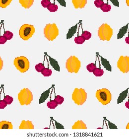 Fruits and berries.Seamless pattern of cherries and apricots. Pixel. Embroider. Vector