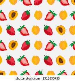 Fruits and berries.Strawberries and apricots seamless pattern. Pixel. Embroidery. Square. Vector