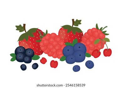 Frutas y bayas.Fresas, moras, frambuesas, cerezas, arándanos, grosellas, arándanos.Bayas sobre fondo abstracto. Ilustración vectorial