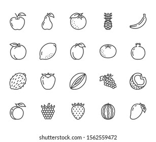 Fruits, berry flat line icons set. Orange, strawberry, pineapple, mango, lemon, kiwi, apple, grape vector illustrations. Outline signs for organic food store. Pixel perfect. Editable Strokes.