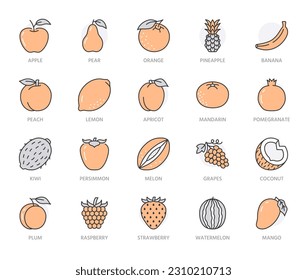 Fruits, berry flat line icons set. Orange, strawberry, pineapple, mango, lemon, kiwi, apple, grape vector illustrations. Outline signs for organic food store. Orange color. Editable Stroke