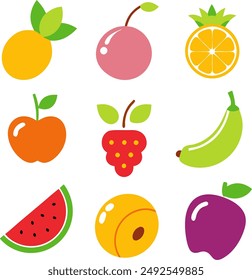 Früchte, Beeren flache Linie Symbole gesetzt. Orange, Erdbeere, Ananas, Mango, Zitrone, Kiwi, Apfel, Trauben Vektorillustrationen. Umrissschilder für Bioladen. Pixel perfekt. Bearbeitbare Striche.