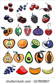 fruits and berry icons in color, vector illustration