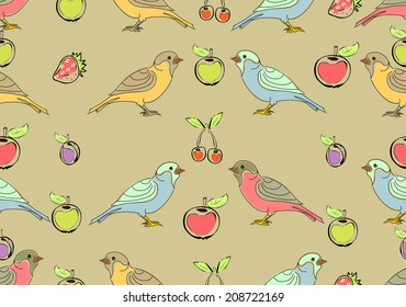 fruits and birds. seamless pattern