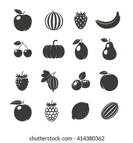 Fruits Black Icons. Different fruits icons on white background. Vector illustration