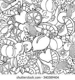 Fruits black and white seamless pattern for your design, art, package or coloring book