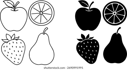 Fruits, black and white vector, outline and silhouette versions