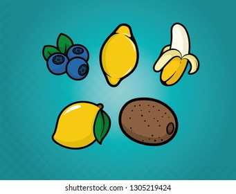 Fruits -  Blueberry, Lemon, Banana, Mango, Kiwi  - Vector