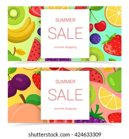 Fruits bright banners. Summer fruits and berries vector illustration. Easy to edit design template.