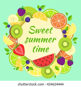 Fruits bright composition. Summer fruits and berries vector illustration. Easy to edit design template.