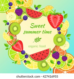 Fruits bright composition. Summer fruits and berries vector illustration. Easy to edit design template.