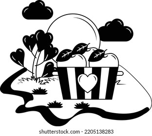 Fruits in Bucket with sky and clouds Vector Icon Design, Nature Love Symbol, Artistic landforms Scene Sign, Heart in nature Stock illustration, Beautiful Landscape View in Circular, Fruit Farm Concept