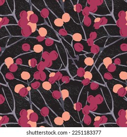 Fruits and buds pattern of on branches with gray melange background