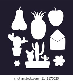 Fruits, cactus, apple, flowers, pear, envelope, pineapple  illustration of silhouettes. Vector illustration. For postcard, poster, invitation, banner, social media design