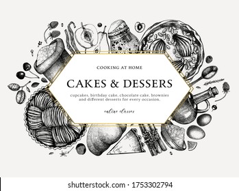 Fruits cakes cooking process design. Hand drawn baking cakes, pies, dough, kitchen stuff, ingredients design. Cooking at home, step-by-step recipes or online cooking classes background. Unique frame
