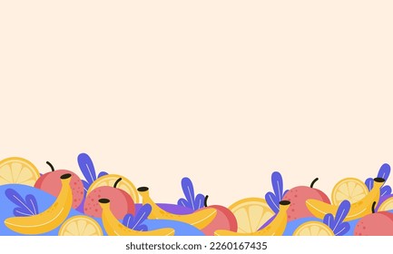 Fruits cartoon background with copy spaces. Colorful fruits banner. Banana, peach and lemon wallpaper for office presentation.
