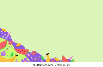 Fruits cartoon background with copy spaces. Colorful fruits banner. Watermelon, Banana, peach and lemon wallpaper for office presentation.