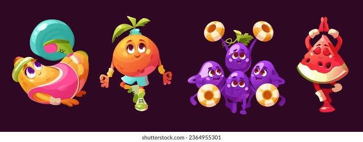 Fruits cartoon characters doing sport exercises and yoga. Vector illustration set of banana with fitness ball, orange and watermelon standing in asana with om hands, grapes cheerleaders dancing.