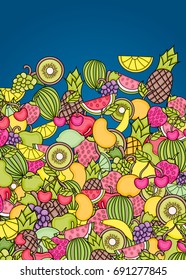 Fruits cartoon doodle design. Cute background concept for greeting card,  advertisement, banner, flyer, brochure. Hand drawn vector illustration. 