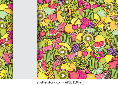 Fruits cartoon doodle design. Cute background concept for greeting card,  advertisement, banner, flyer, brochure. Hand drawn vector illustration. 