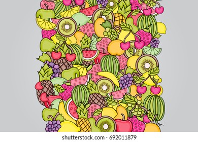 Fruits cartoon doodle design. Cute background concept for greeting card,  advertisement, banner, flyer, brochure. Hand drawn vector illustration. 