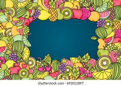Fruits cartoon doodle design. Cute background concept for greeting card,  advertisement, banner, flyer, brochure. Hand drawn vector illustration. 