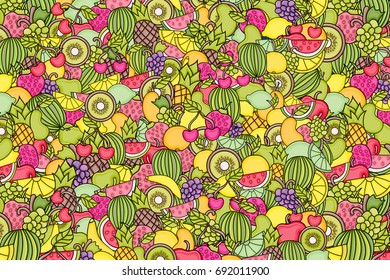 Fruits cartoon doodle design. Cute background concept for greeting card,  advertisement, banner, flyer, brochure. Hand drawn vector illustration. 