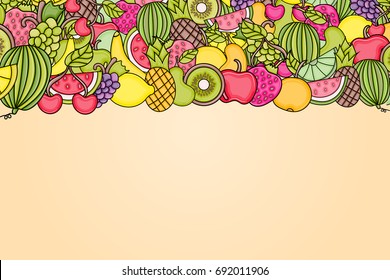 Fruits cartoon doodle design. Cute background concept for greeting card,  advertisement, banner, flyer, brochure. Hand drawn vector illustration. 