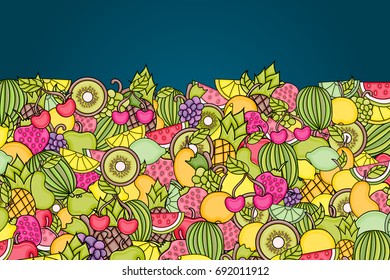Fruits cartoon doodle design. Cute background concept for greeting card,  advertisement, banner, flyer, brochure. Hand drawn vector illustration. 