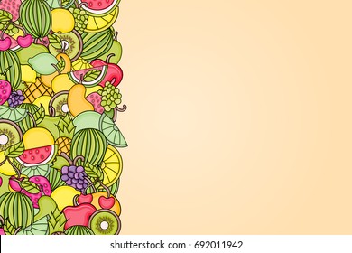 Fruits cartoon doodle design. Cute background concept for greeting card,  advertisement, banner, flyer, brochure. Hand drawn vector illustration. 