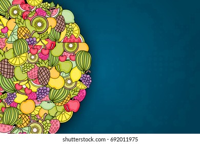 Fruits cartoon doodle design. Cute background concept for greeting card,  advertisement, banner, flyer, brochure. Hand drawn vector illustration. 