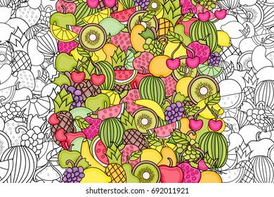 Fruits cartoon doodle outline design. Cute lineart background concept for greeting card,  advertisement, banner, flyer, brochure. Hand drawn vector illustration. 