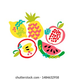 Fruits. Cartoon food. Pineapple, lemon, apple, watermelon. Isolated vector objects on a white background.