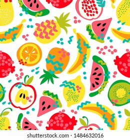 Fruits. Cartoon food. Pineapple, watermelon, banana, orange, pomegranate, kiwi, lemon. Seamless vector pattern (background, print).
