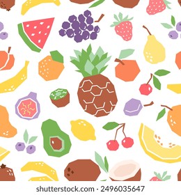 Fruits cartoon seamless pattern, geometric print for fabric, paper, design. Tropical fruits background isolated on white. 