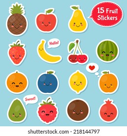 Fruits cartoon stickers set. Colorful template for cooking, restaurant menu and vegetarian food 