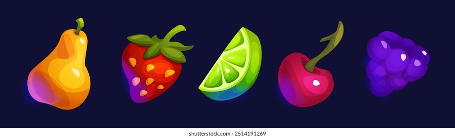 Fruits cartoon vetor definido para design de slot de cassino ou ui de jogo móvel. símbolos de máquina de jogo ou elementos de presente bônus de pera e morango, fatia de limão e cereja, amora com efeito de brilho.