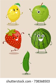 frutas, caricaturas vegetales, ilustración vectorial