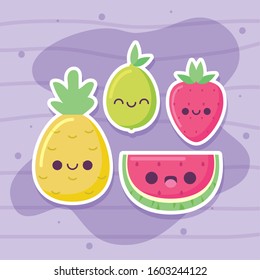 fruits cartoons design, Kawaii expression cute character funny and emoticon theme Vector illustration